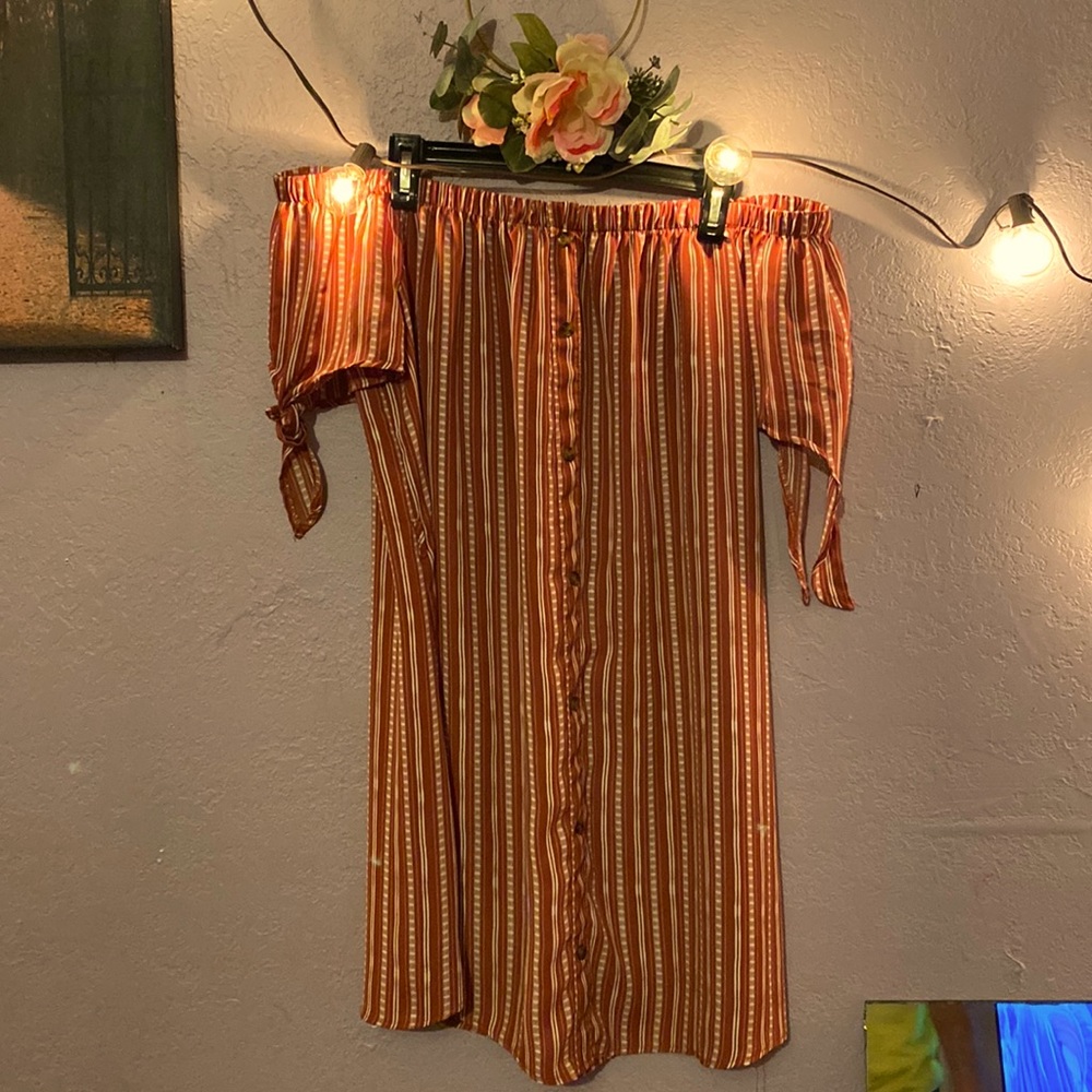 Rue 21 size large off shoulder, striped dress button down orange and cream color